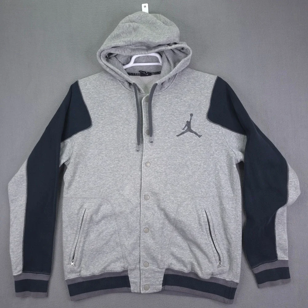Jordan Hoodie Mens Large Gray Black Varsity Snap Fleece Jumpman Sweatshirt